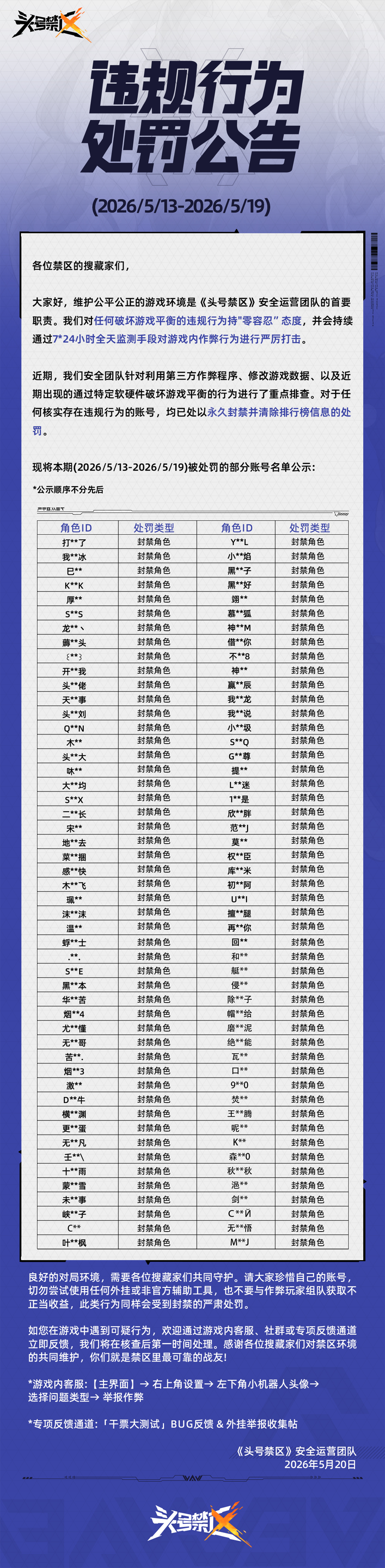 《头号禁区》外挂作弊处罚公告（5月20日）