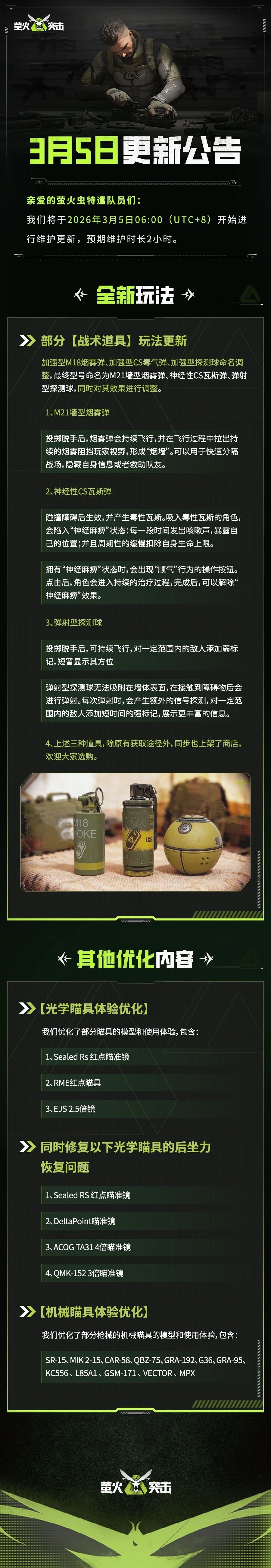 更新公告｜加强型M18、探测球、毒气弹玩法更新！瞄具体验优化！