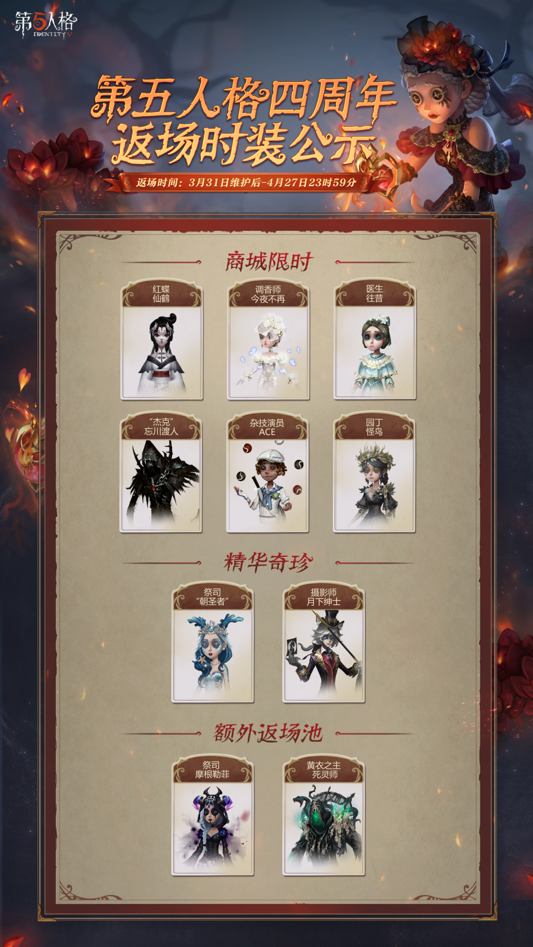 商城限时时装6件红蝶-仙鹤,调香师-今夜不再,医生-往昔,"杰克"-忘川渡