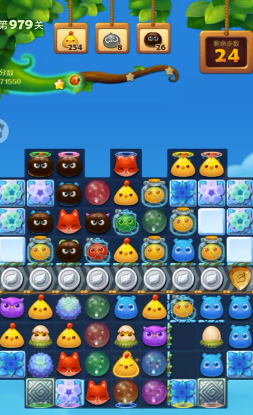 开心消消乐：第979关小鸡收集难度大尽快组合魔力鸟特效即可