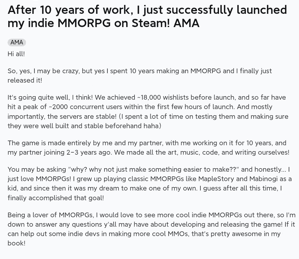 最疯音乐人做游戏，1人用时10年“手搓MMO”成功了！Steam在线人数破5000