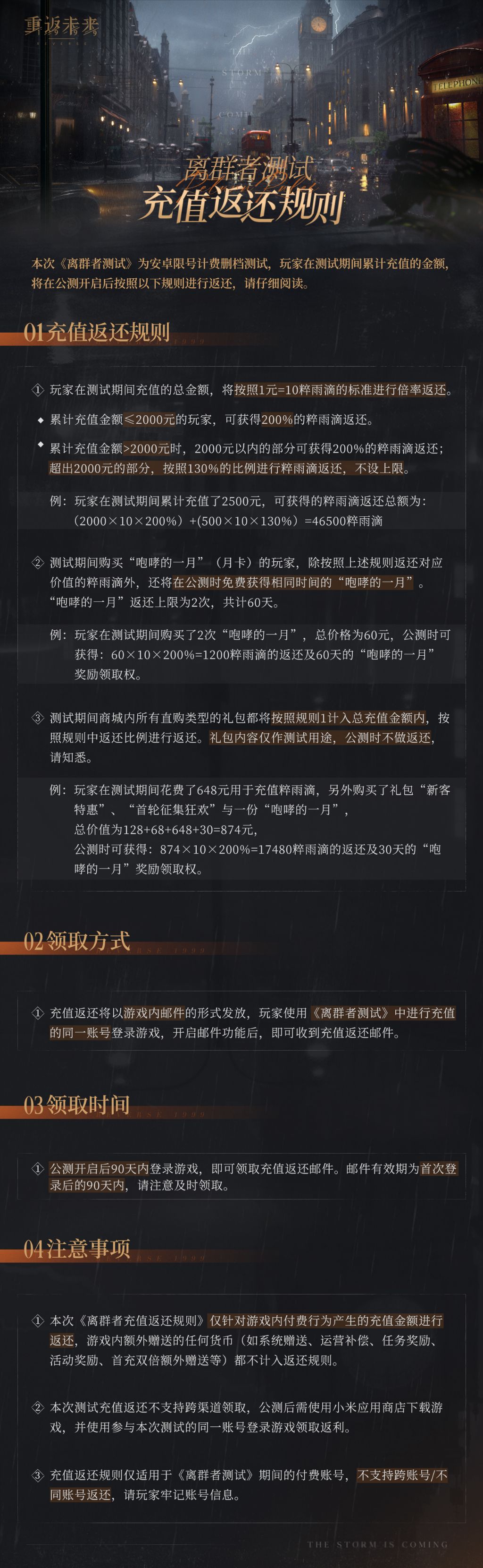 《重返未来：1999》离群者测试充值返利公告