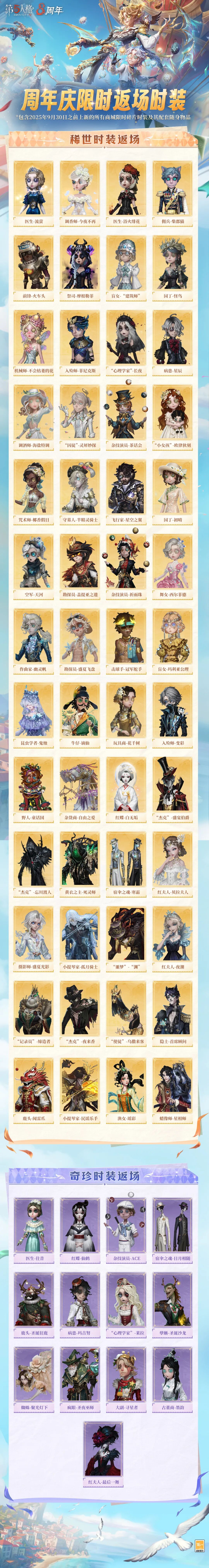 【第五人格八周年】周年庆限时返场时装及溯洄系列、象牙塔系列时装返场内容详情送达