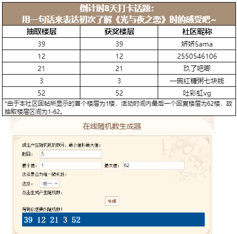 倒计时8天打卡话题：用一句话来表达初次了解《光与夜之恋》时的感受吧~（已开奖）