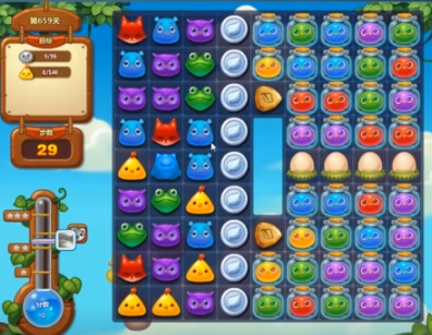 开心消消乐：第659关右侧精灵布满屏幕，先做特效解除左侧银币阻隔