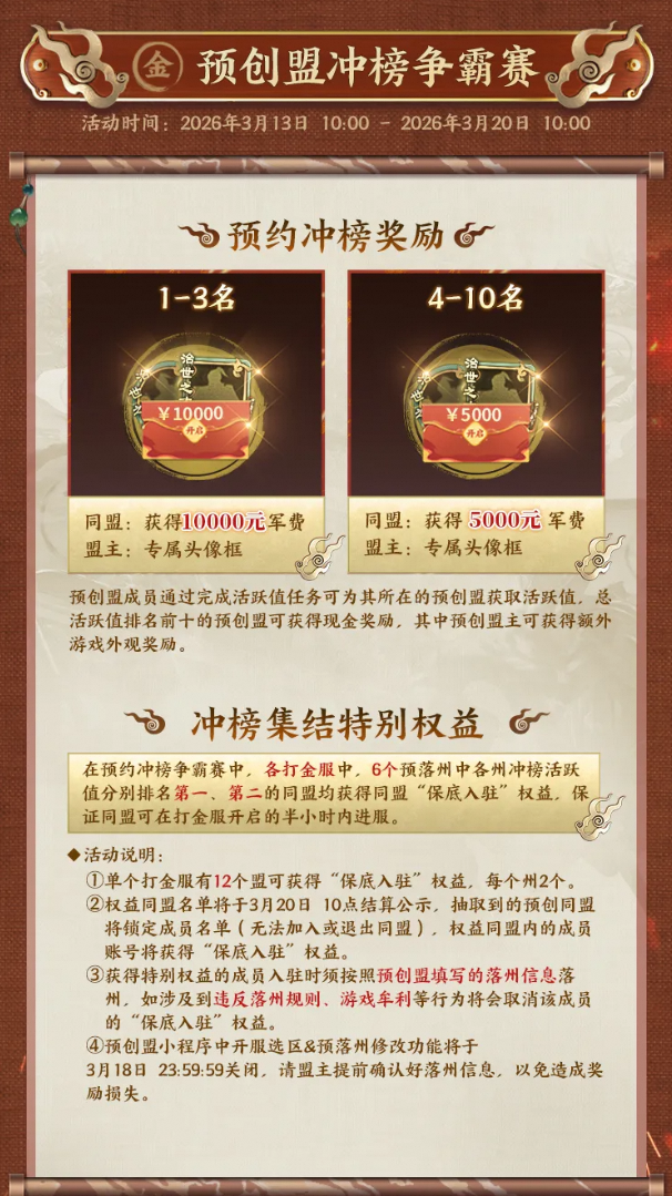 马上有钱打金服3月21日开启，单服50w现金，预创盟必得金铢，还可瓜分万元军费！