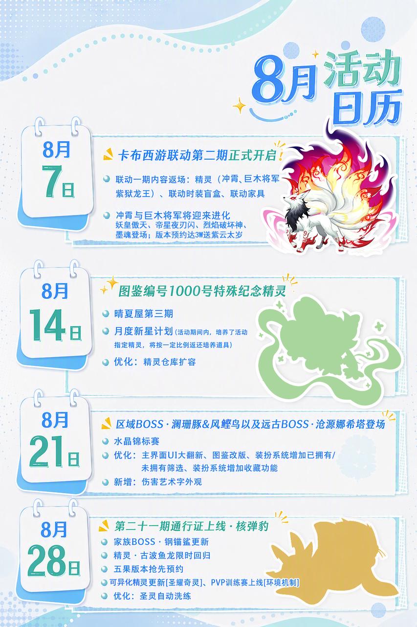 8月活动月历|卡布西游联动即将开启，远古BOSS登场