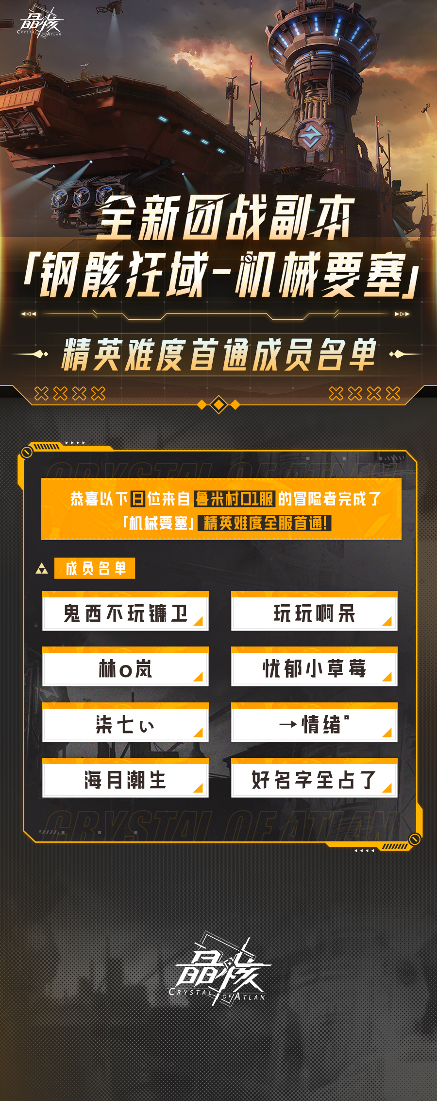 「机械要塞」团本精英难度全服首通团队出炉！