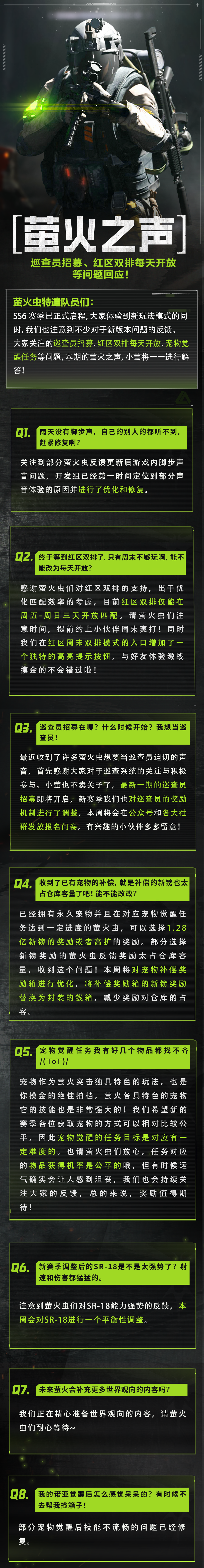 萤火之声｜新一期巡查员招募？红区双排每日开放？SS6赛季热门问题回应！
