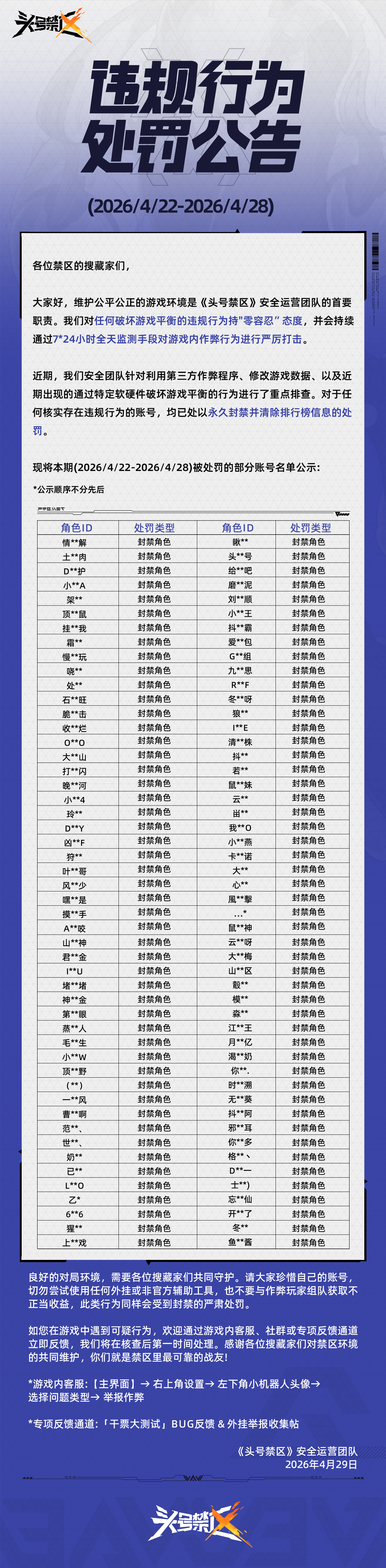 《头号禁区》外挂作弊处罚公告（4月29日）