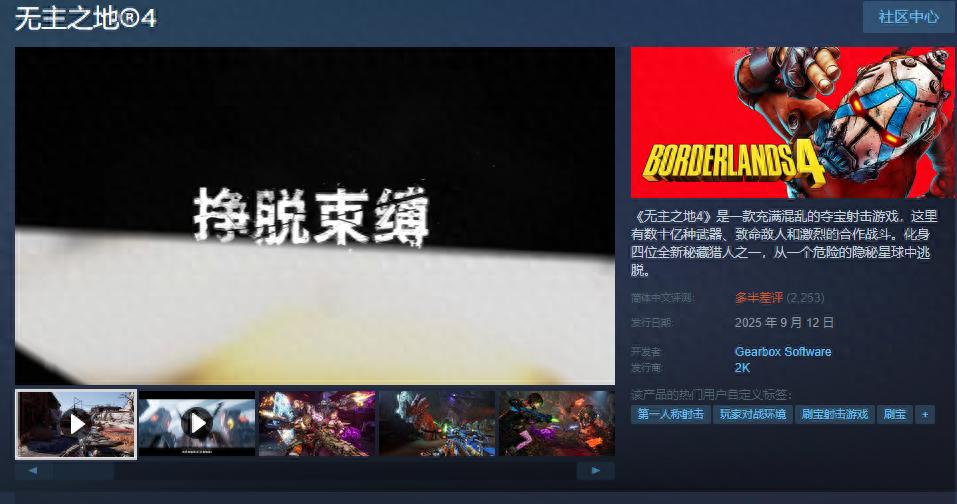 连续推出多个补丁后，《无主之地4》的Steam好评率逐步回升