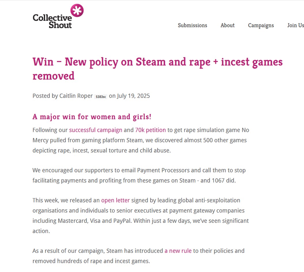 澳洲机构发公告邀功：“是我们让Steam改审核，下架500款绅士游戏！”