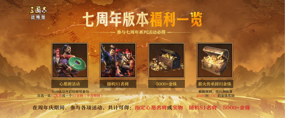 心愿阁自选S1名将宝物、5000+金铢、新武将卡包丨9月19日七周年活动福利一览