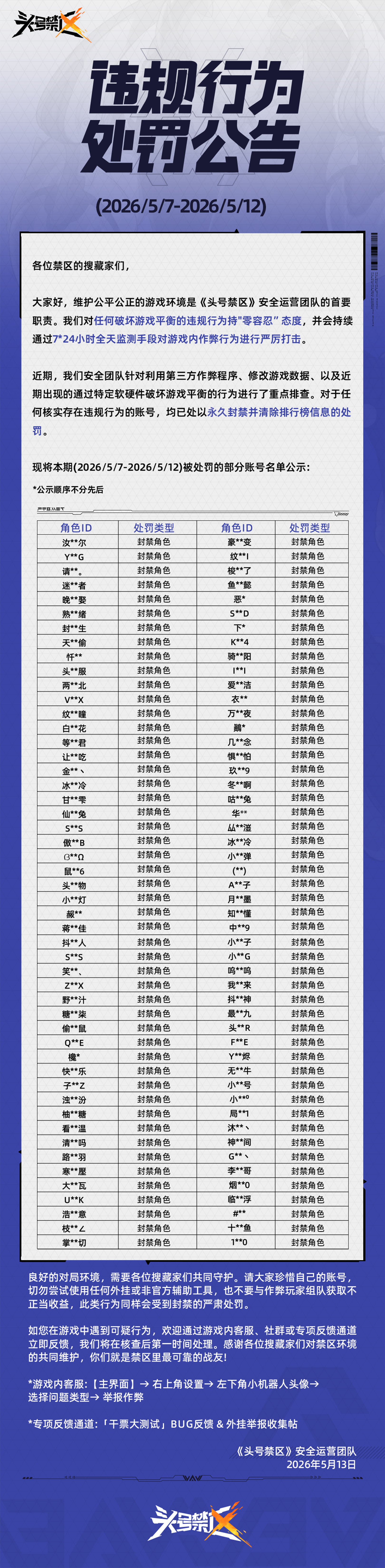 头号禁区》外挂作弊处罚公告（5月13日）