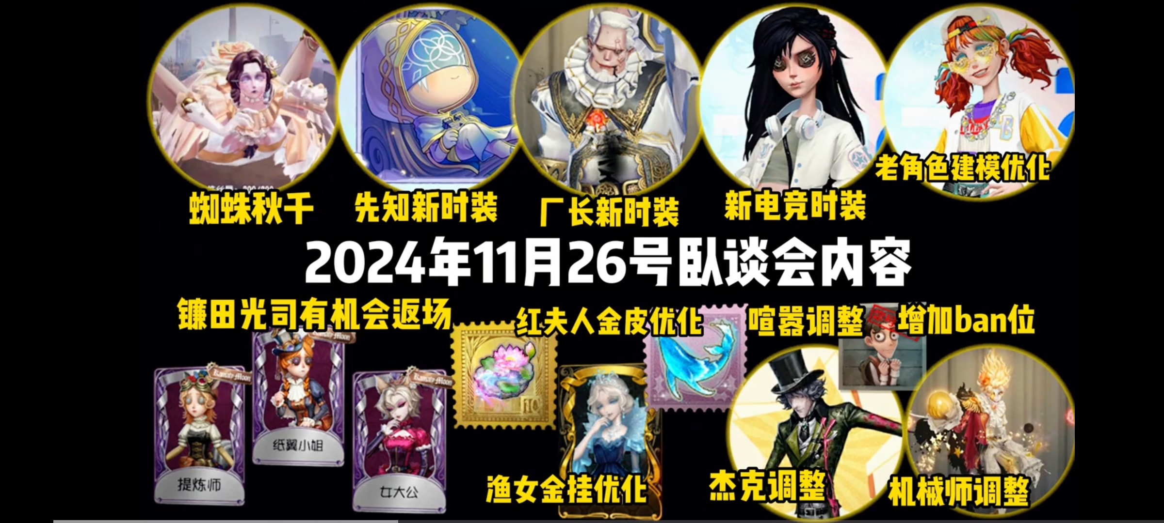 第五人格11月卧谈会!镰田光司!杰克!喧嚣!机械师调整!增加