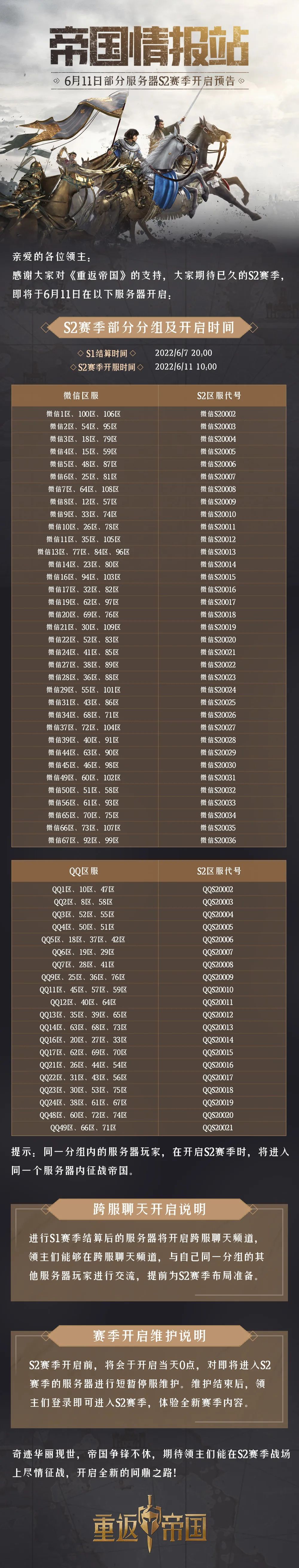 6月11日部分服务器S2赛季开启预告