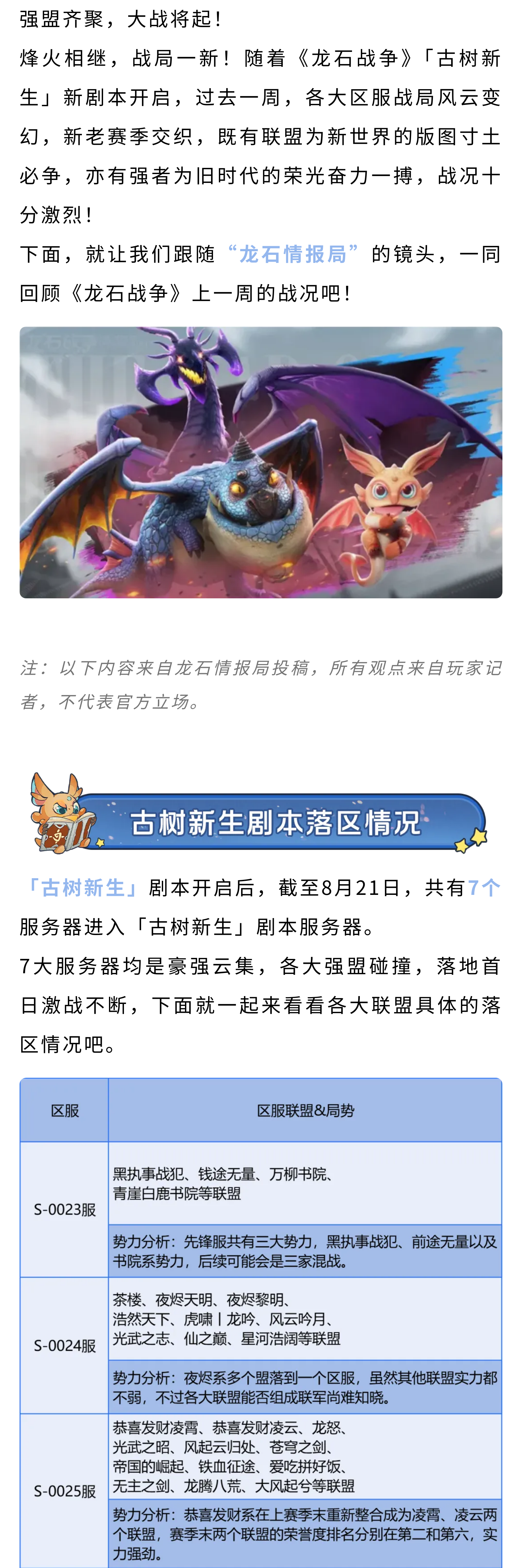 龙石前线丨「古树新生」落区情况速览，7个区服强盟碰撞谁能突围？