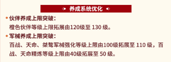 橙色伙伴等级上限从120级扩展至130级，这意味着玩家可以进一步提升伙伴的实力，为自己的战斗阵容增添