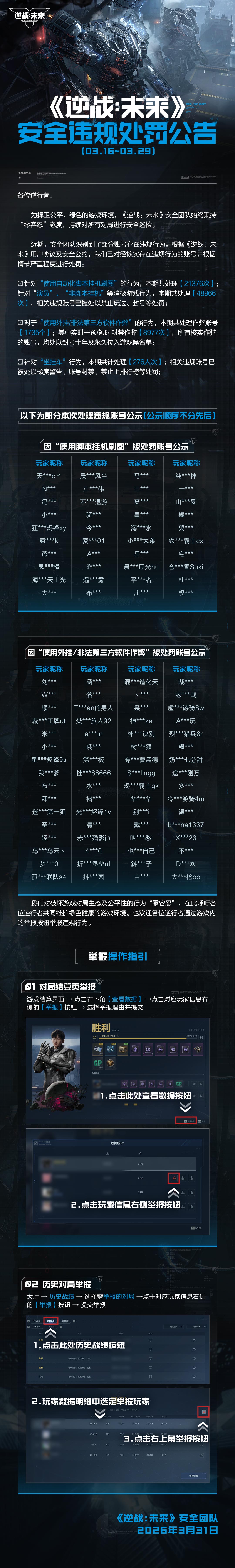 《逆战：未来》安全违规处罚公告（3.16～3.29）