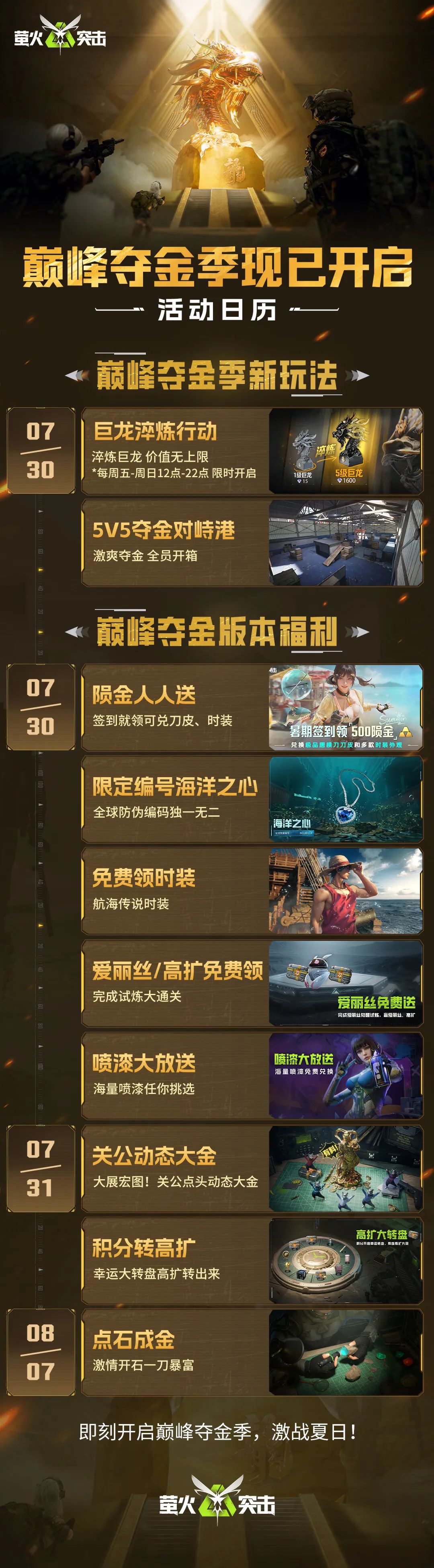 【巅峰夺金季】现已开启，登录领陨金！更多玩法、福利一图速览！