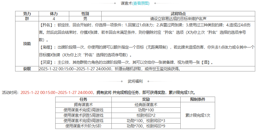 【官方活动】1.22-1.27 小年祈愿谋袁术来袭 神箭秘宝邓忠、张燕返场