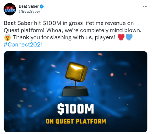 《节奏光剑》新成就：Quest平台总收入突破1亿美元