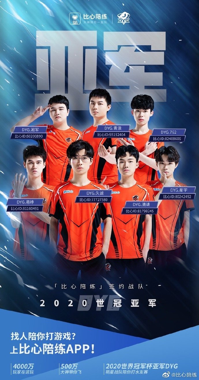 比心陪练签约战队dyg获得王者荣耀世冠赛亚军整装待发备战kpl